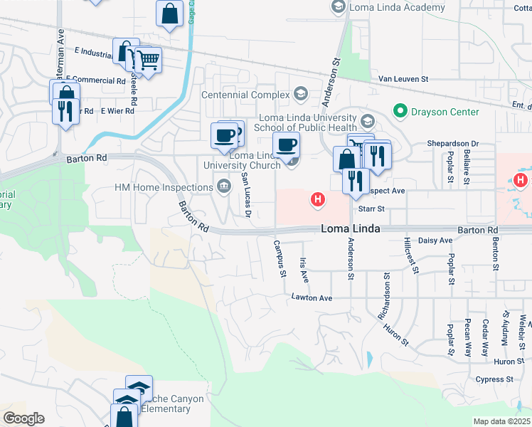 map of restaurants, bars, coffee shops, grocery stores, and more near 11262 Campus Street in Loma Linda