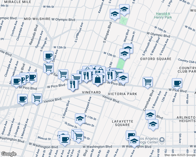 map of restaurants, bars, coffee shops, grocery stores, and more near 4550 West Pico Boulevard in Los Angeles