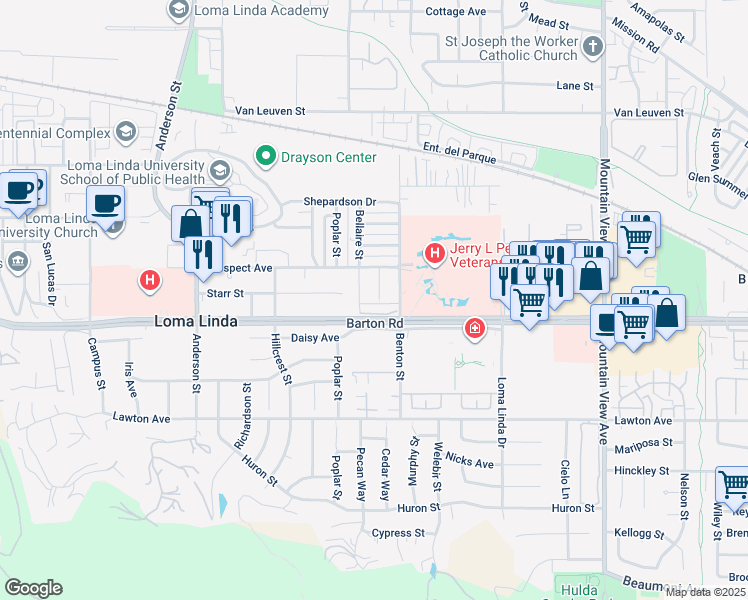 map of restaurants, bars, coffee shops, grocery stores, and more near 25246 Bellaire Street in Loma Linda