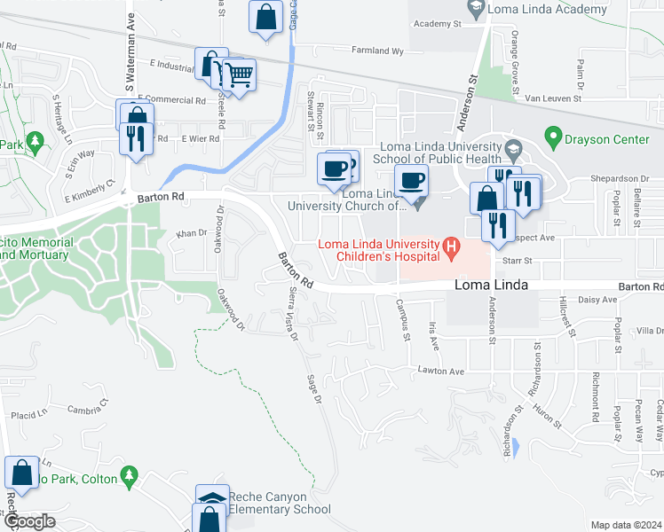 map of restaurants, bars, coffee shops, grocery stores, and more near 11300 San Mateo Drive in Loma Linda