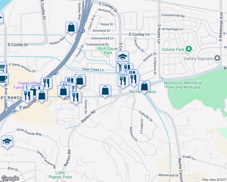 map of restaurants, bars, coffee shops, grocery stores, and more near 23385 East Washington Street in Colton