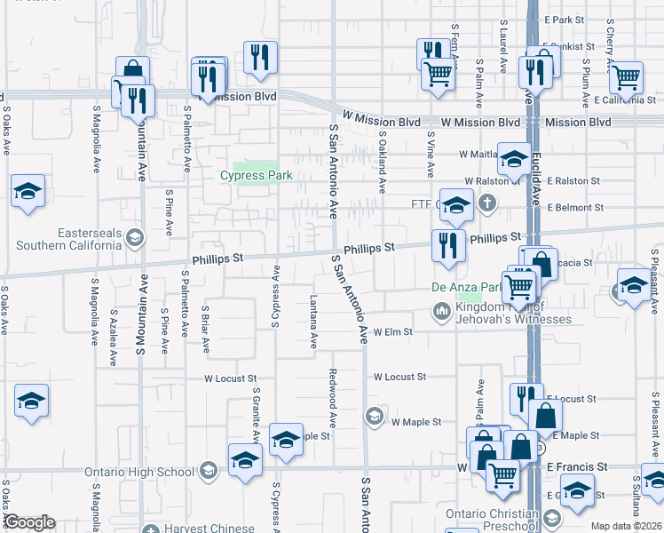 map of restaurants, bars, coffee shops, grocery stores, and more near 575 West Contempo Court in Ontario