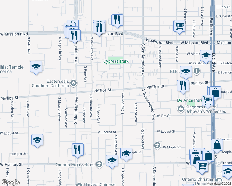 map of restaurants, bars, coffee shops, grocery stores, and more near 837 Contempo Street in Ontario