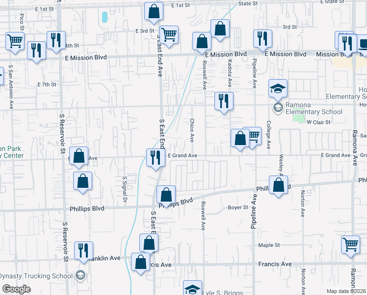 map of restaurants, bars, coffee shops, grocery stores, and more near 3840 Grand Avenue in Ontario