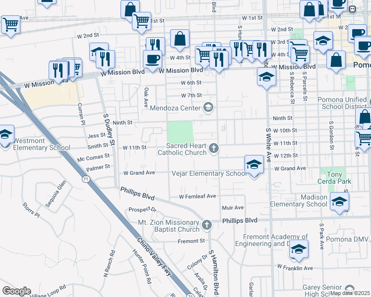 map of restaurants, bars, coffee shops, grocery stores, and more near 1256 West 11th Street in Pomona