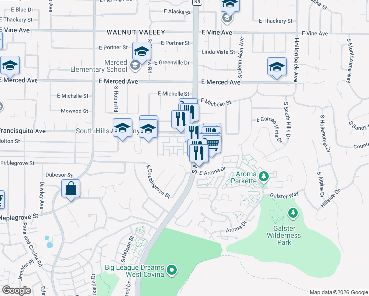 map of restaurants, bars, coffee shops, grocery stores, and more near 1756 East Stratford in West Covina