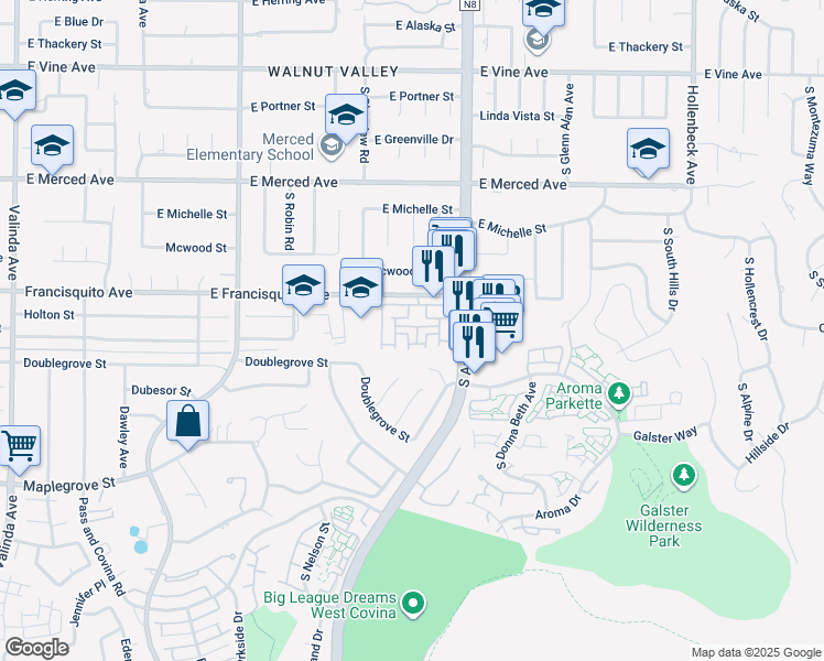 map of restaurants, bars, coffee shops, grocery stores, and more near 1544 Riverdale in West Covina