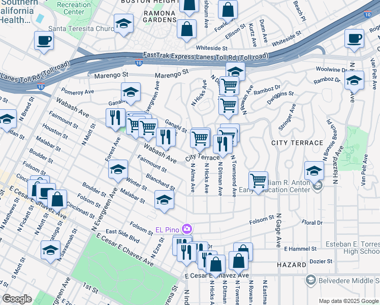 map of restaurants, bars, coffee shops, grocery stores, and more near 3200 City Terrace Drive in Los Angeles