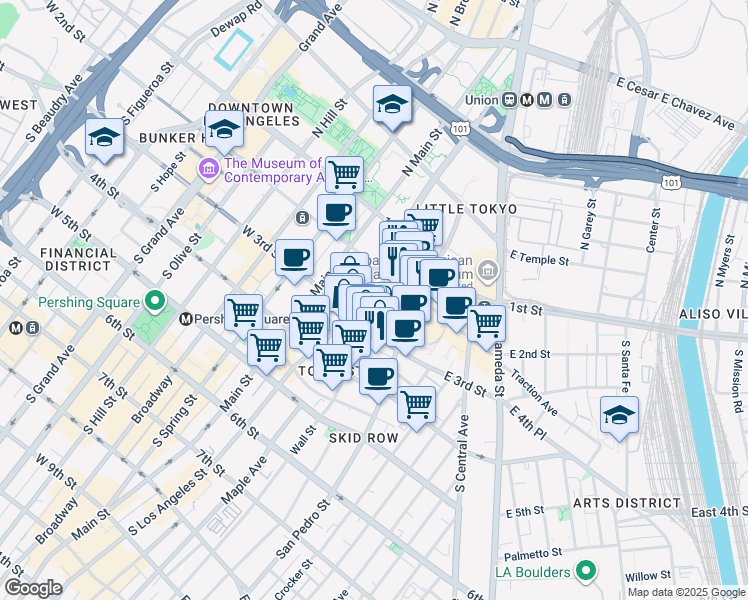 map of restaurants, bars, coffee shops, grocery stores, and more near 231 East 3rd Street in Los Angeles