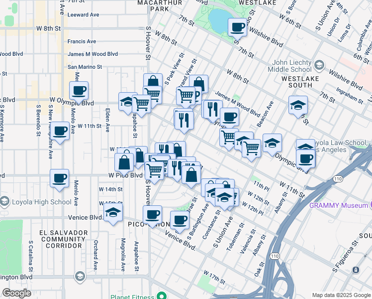 map of restaurants, bars, coffee shops, grocery stores, and more near 2015 West 12th Street in Los Angeles