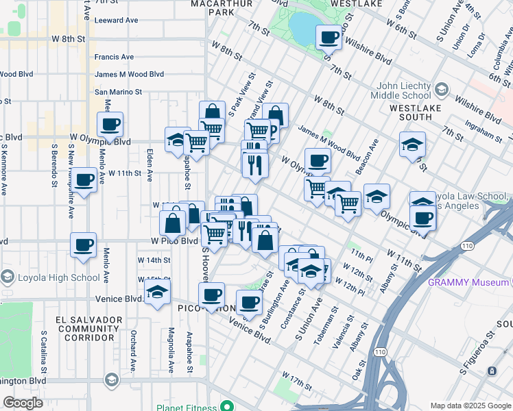 map of restaurants, bars, coffee shops, grocery stores, and more near 2015 West 12th Street in Los Angeles
