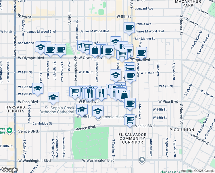 map of restaurants, bars, coffee shops, grocery stores, and more near 1215 Dewey Avenue in Los Angeles