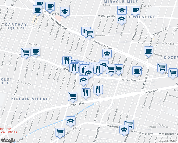 map of restaurants, bars, coffee shops, grocery stores, and more near in Los Angeles