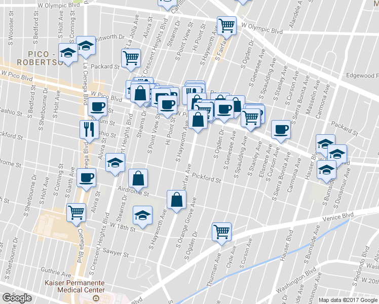 map of restaurants, bars, coffee shops, grocery stores, and more near 1546 South Hayworth Avenue in Los Angeles