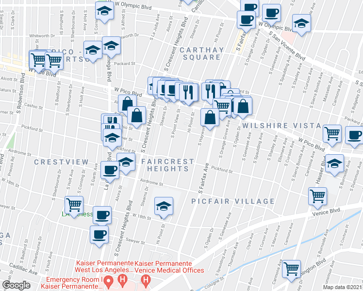 map of restaurants, bars, coffee shops, grocery stores, and more near 1550 Hi Point Street in Los Angeles