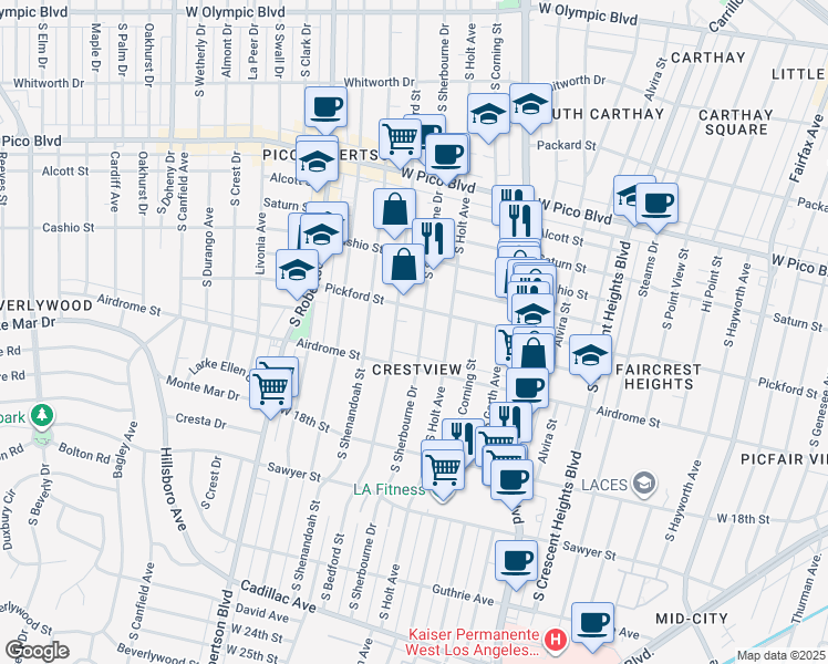map of restaurants, bars, coffee shops, grocery stores, and more near 1640 South Sherbourne Drive in Los Angeles