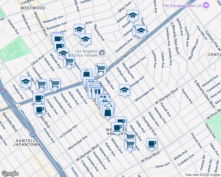 map of restaurants, bars, coffee shops, grocery stores, and more near 1940 Malcolm Avenue in Los Angeles