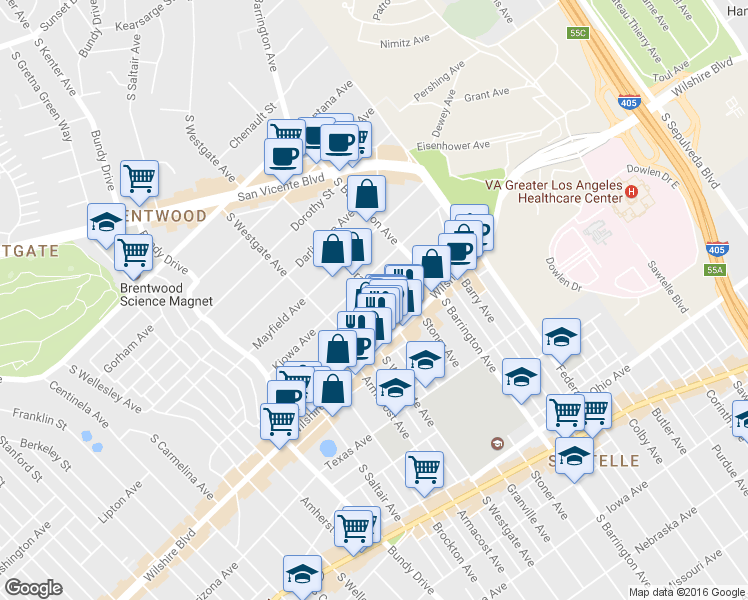 map of restaurants, bars, coffee shops, grocery stores, and more near 11827 Goshen Avenue in Los Angeles