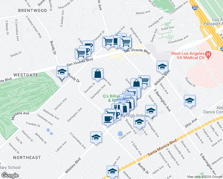 map of restaurants, bars, coffee shops, grocery stores, and more near 11924 Mayfield Avenue in Los Angeles