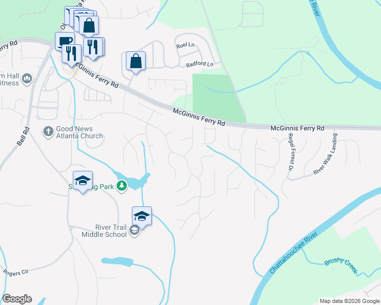 map of restaurants, bars, coffee shops, grocery stores, and more near 8090 Cavendish Place in Suwanee