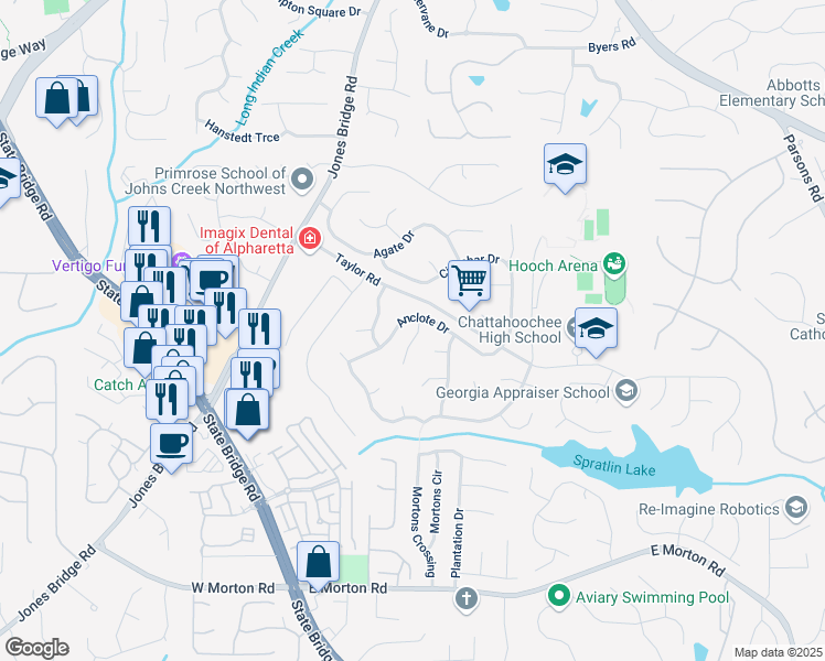 map of restaurants, bars, coffee shops, grocery stores, and more near 215 Boca Ciega Court in Alpharetta