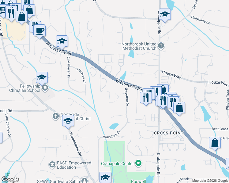 map of restaurants, bars, coffee shops, grocery stores, and more near 195 Stayman Drive in Roswell