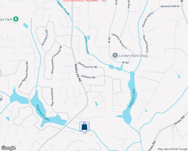 map of restaurants, bars, coffee shops, grocery stores, and more near 4575 Gilhams Road in Roswell