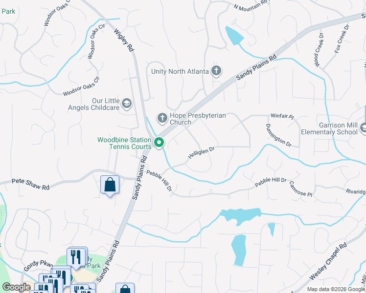 map of restaurants, bars, coffee shops, grocery stores, and more near 3385 Holliglen Drive in Marietta