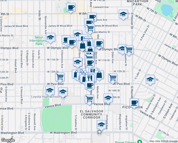 map of restaurants, bars, coffee shops, grocery stores, and more near 2514 West 12th Street in Los Angeles