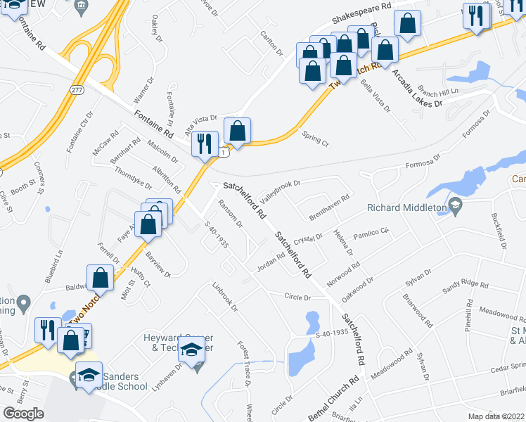 map of restaurants, bars, coffee shops, grocery stores, and more near 6824 Valleybrook Drive in Columbia