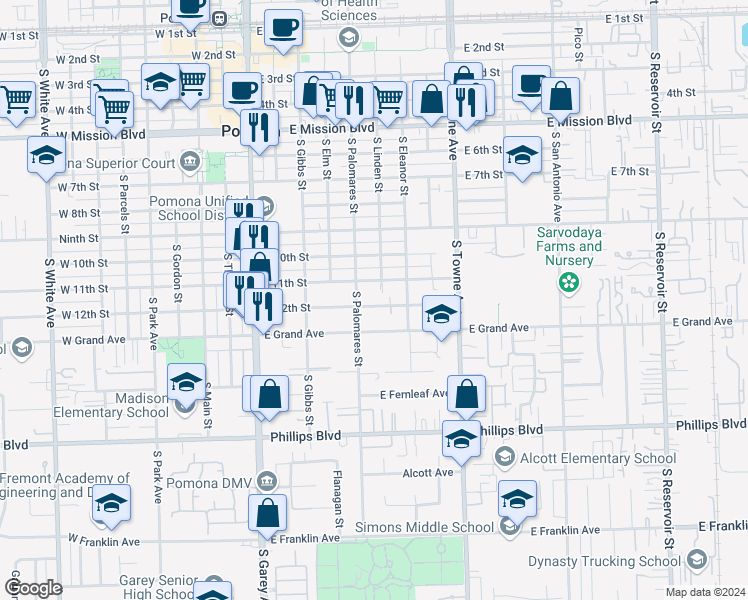 map of restaurants, bars, coffee shops, grocery stores, and more near 565 East 12th Street in Pomona