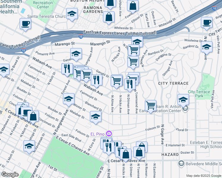 map of restaurants, bars, coffee shops, grocery stores, and more near 3200 City Terrace Drive in Los Angeles
