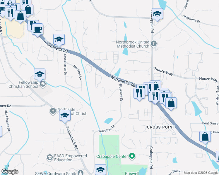 map of restaurants, bars, coffee shops, grocery stores, and more near 195 Stayman Drive in Roswell
