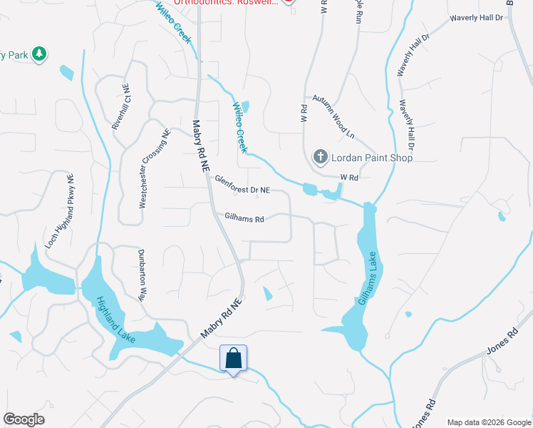 map of restaurants, bars, coffee shops, grocery stores, and more near 4600 Gilhams Road in Roswell