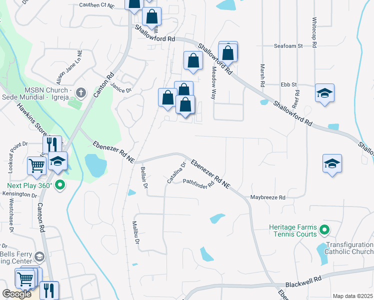 map of restaurants, bars, coffee shops, grocery stores, and more near 3969 Ebenezer Road Northeast in Marietta
