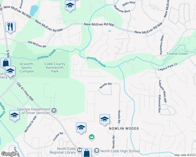 map of restaurants, bars, coffee shops, grocery stores, and more near 3299 McEver Park Circle in Acworth