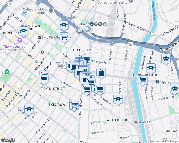 map of restaurants, bars, coffee shops, grocery stores, and more near 100 Alameda Street in Los Angeles
