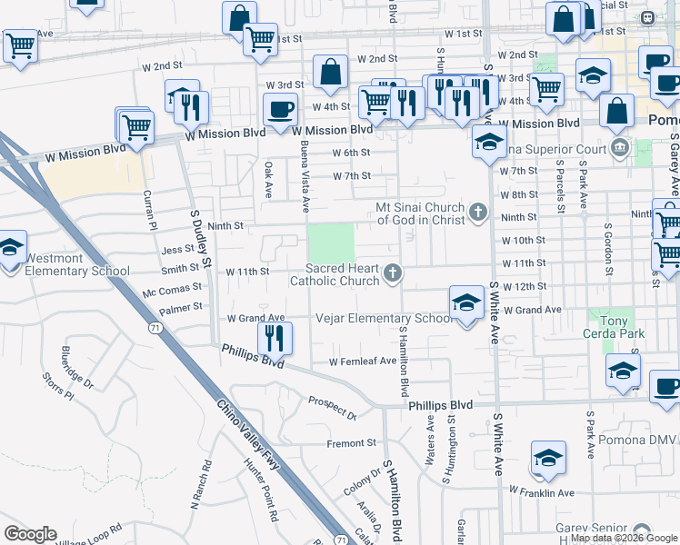 map of restaurants, bars, coffee shops, grocery stores, and more near 1256 West 11th Street in Pomona