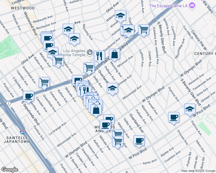 map of restaurants, bars, coffee shops, grocery stores, and more near 10741 La Grange Avenue in Los Angeles