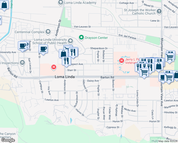 map of restaurants, bars, coffee shops, grocery stores, and more near 25109 Starr Street in Loma Linda