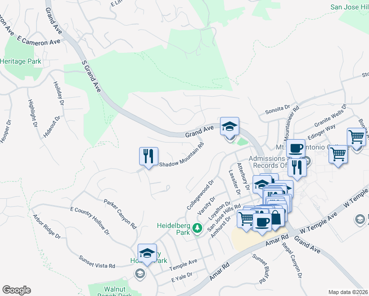 map of restaurants, bars, coffee shops, grocery stores, and more near 1732 Silvercrest Way in Walnut
