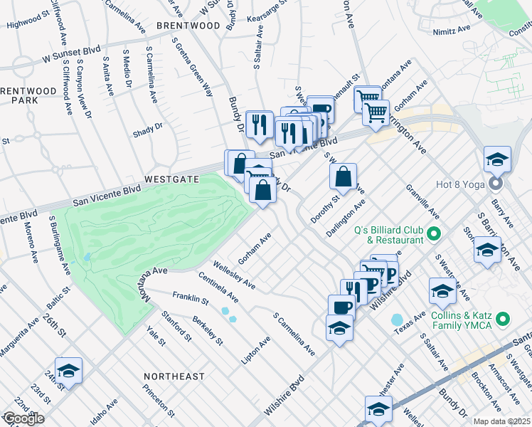 map of restaurants, bars, coffee shops, grocery stores, and more near 809 South Gretna Green Way in Los Angeles