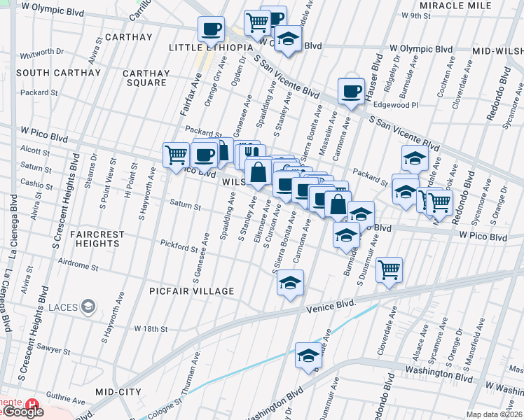 map of restaurants, bars, coffee shops, grocery stores, and more near 1443 South Curson Avenue in Los Angeles
