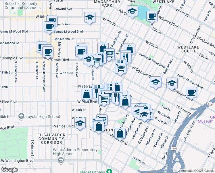 map of restaurants, bars, coffee shops, grocery stores, and more near 1217 South Alvarado Street in Los Angeles
