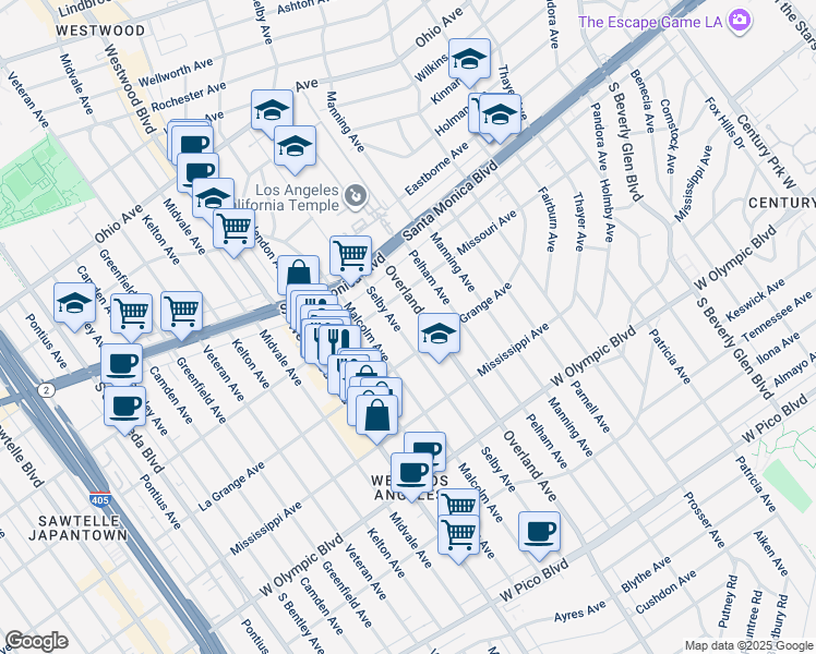 map of restaurants, bars, coffee shops, grocery stores, and more near 1932 Selby Avenue in Los Angeles