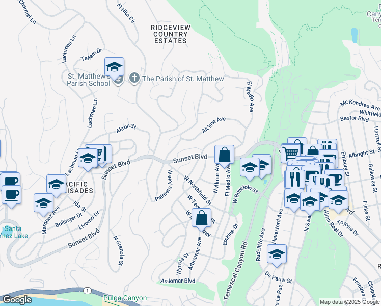 map of restaurants, bars, coffee shops, grocery stores, and more near 16123 Sunset Boulevard in Los Angeles