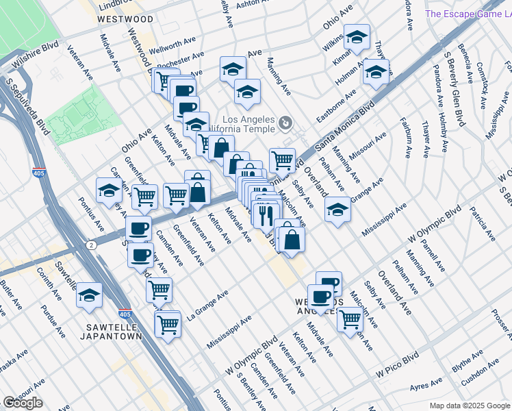 map of restaurants, bars, coffee shops, grocery stores, and more near 1884 Westwood Boulevard in Los Angeles