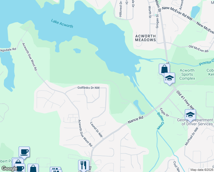 map of restaurants, bars, coffee shops, grocery stores, and more near 3951 Golflinks Drive Northwest in Acworth
