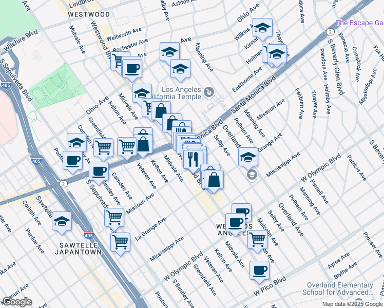 map of restaurants, bars, coffee shops, grocery stores, and more near 1825 Glendon Avenue in Los Angeles