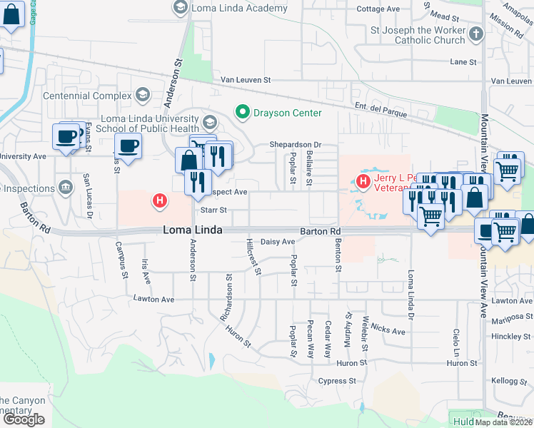 map of restaurants, bars, coffee shops, grocery stores, and more near 25111 Starr Street in Loma Linda